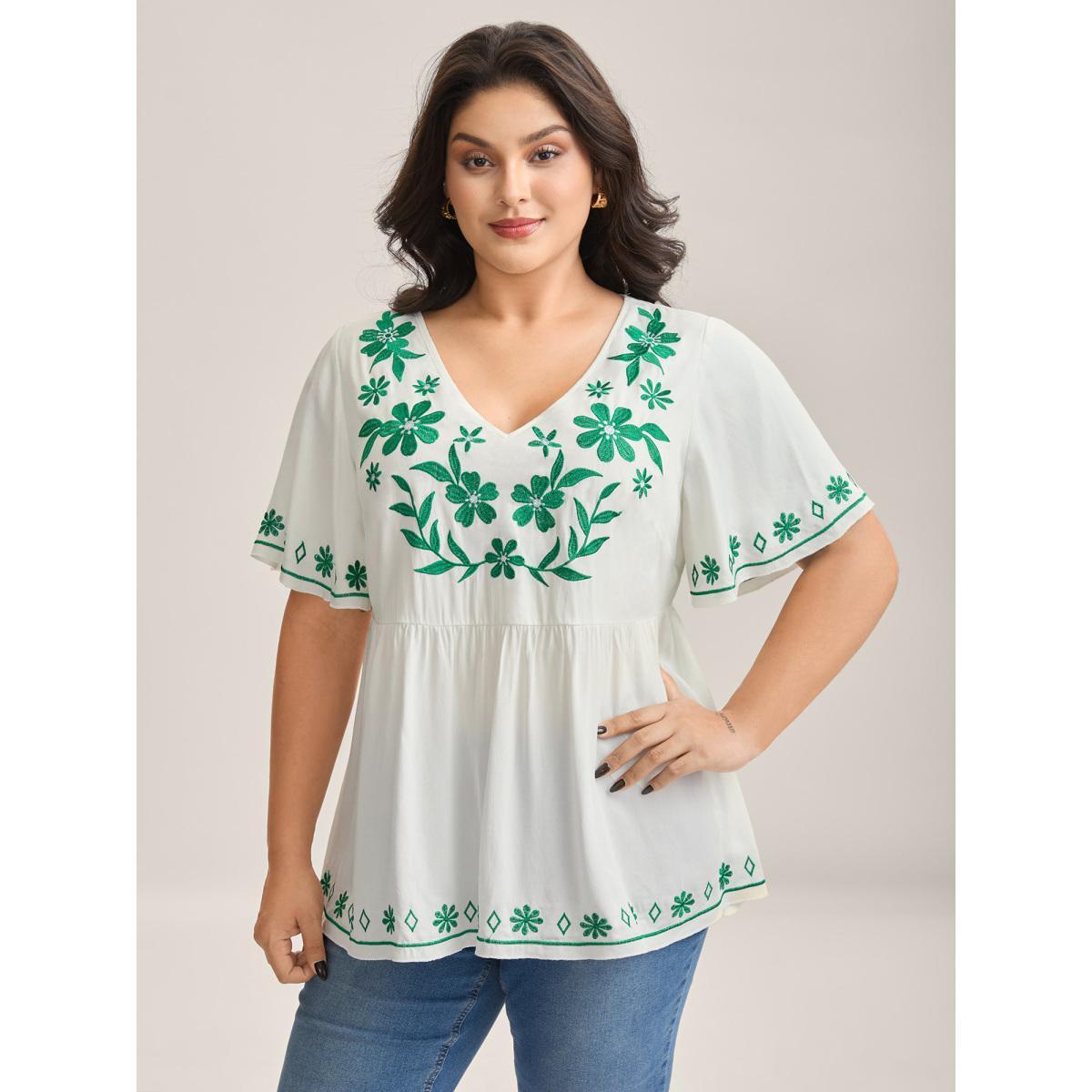 Plus Size WhiteSmoke Floral Embroidery Flared Flowy Blouse Women Short sleeve V-neck Everyday-Elegant Blouses BloomChic 22-24/3X Product Image