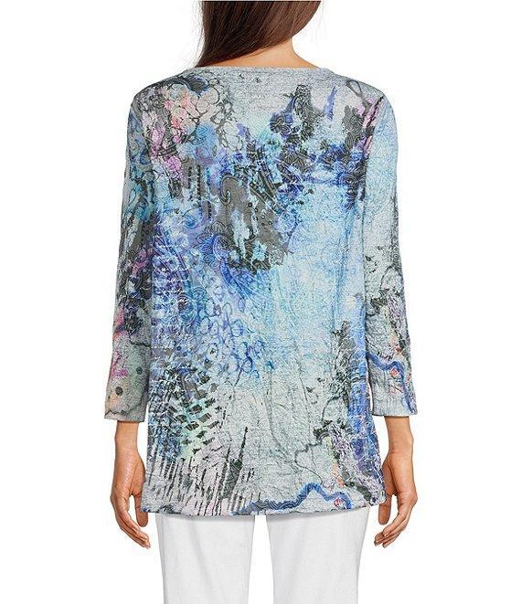 Ali Miles Crinkle Knit Burnout Abstract Print Round Neck 3/4 Sleeve Hi-Low Hem Tunic Product Image
