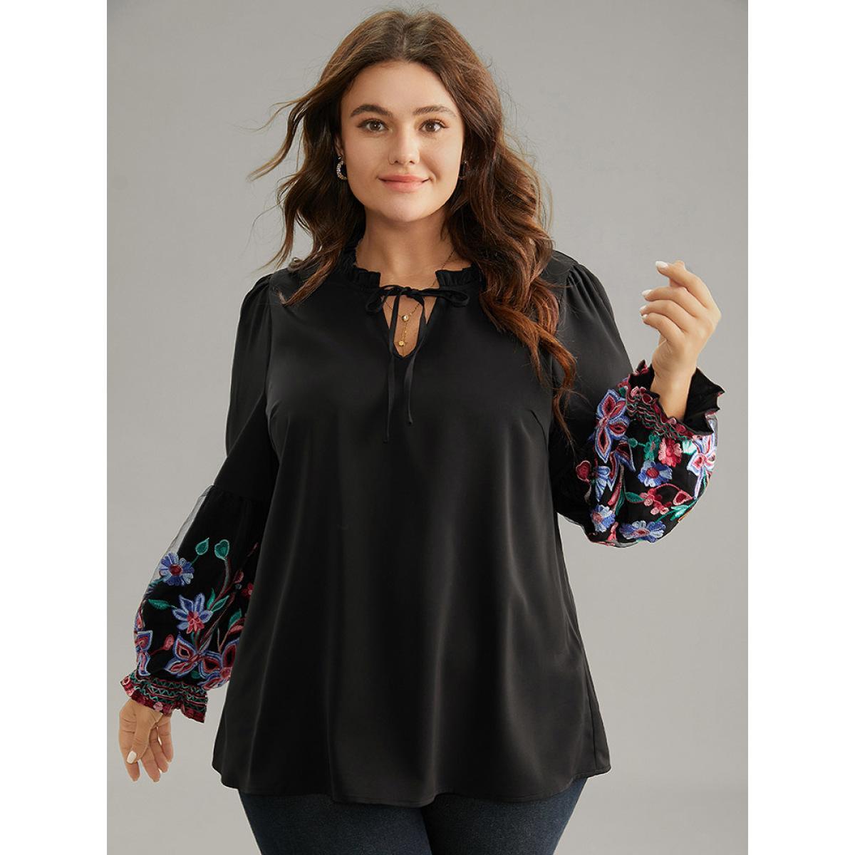 Plus Size Black Floral Embroidered Mesh Tie Neck Ruffles Blouse Women Elegant Long Sleeve Tie Neck Party Blouses BloomChic 14-16/1X Product Image