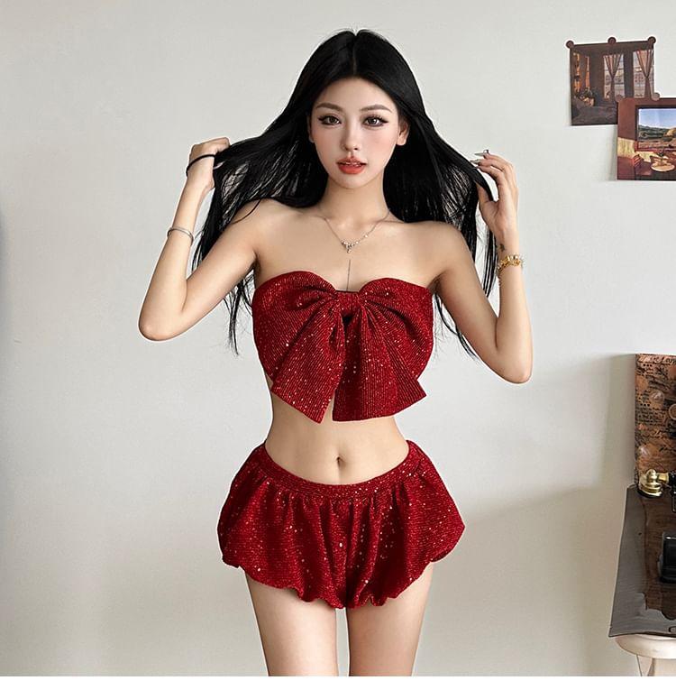 Bowknot Crop Tube Top / Mid Rise Bubble Shorts Product Image