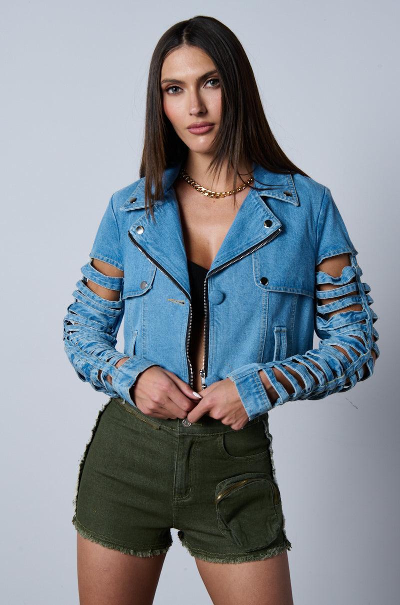 BLOSSOM DENIM CUT OUT PANEL CONVERTIBLE TRENCH Product Image