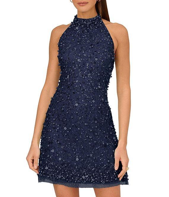 Adrianna by Adrianna Papell Beaded Mesh Halter Mock Neck Sleeveless Open Back Mini Dress Product Image