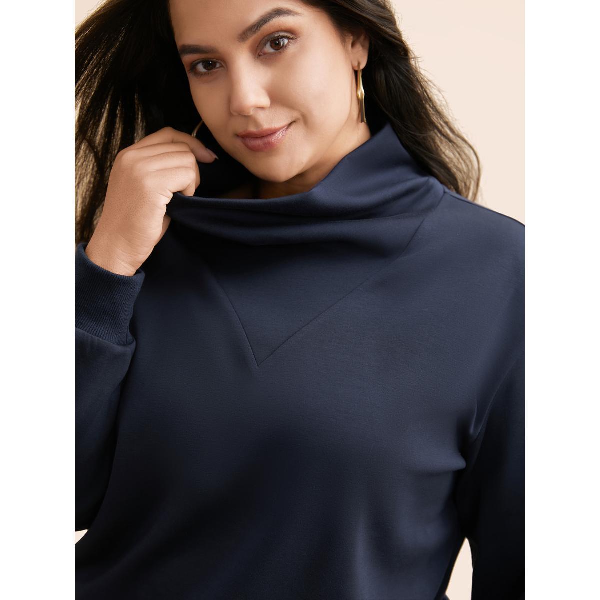 Plus Size Ruffled Collar Plain Drop Shoulder Sweatshirt Women Indigo Casual Non Ruffled collar Everyday Sweatshirts BloomChic 10/M Product Image