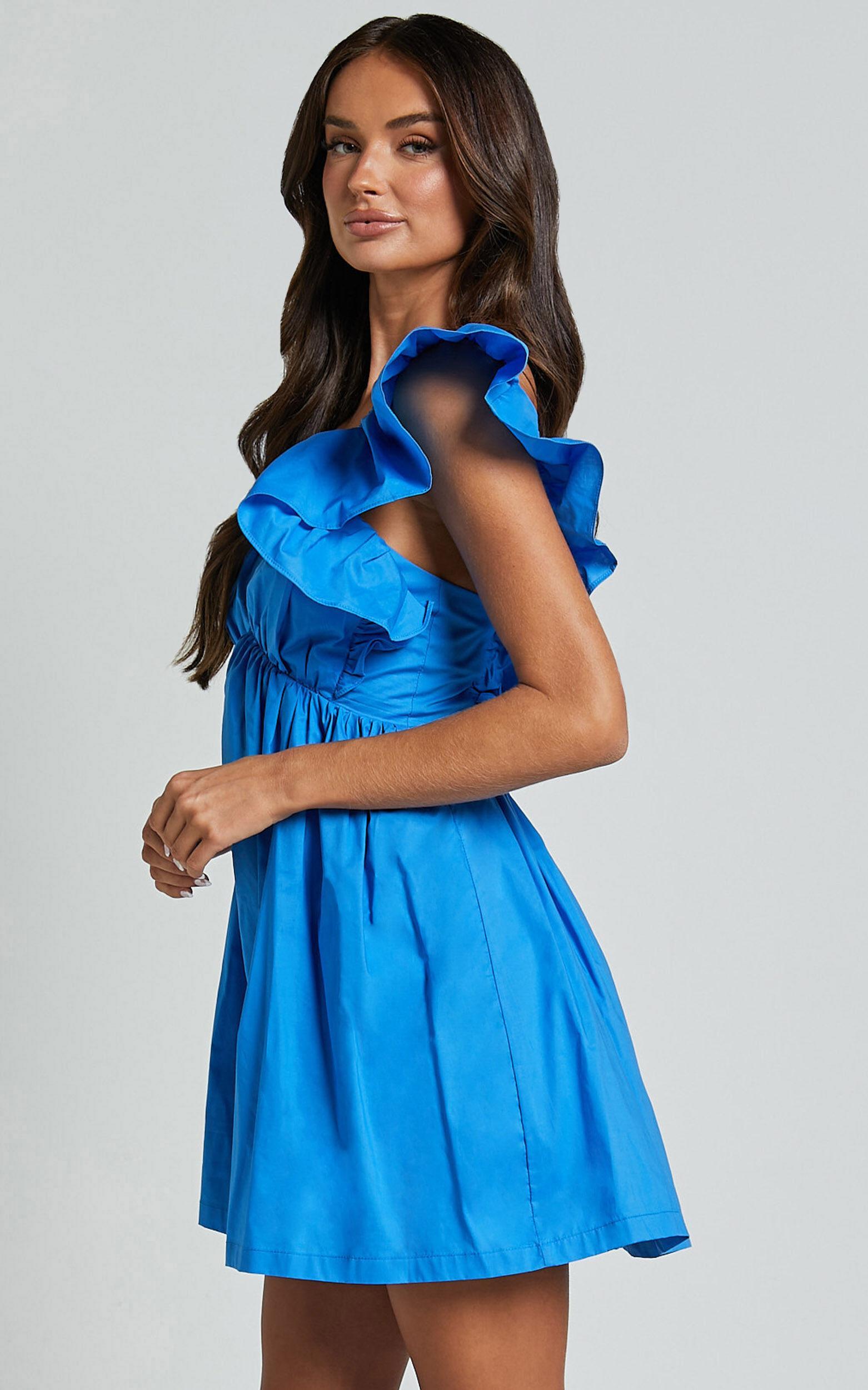 Raiza Mini Dress - Ruffle Sleeve Tie Back Plunge Dress in Blue Product Image