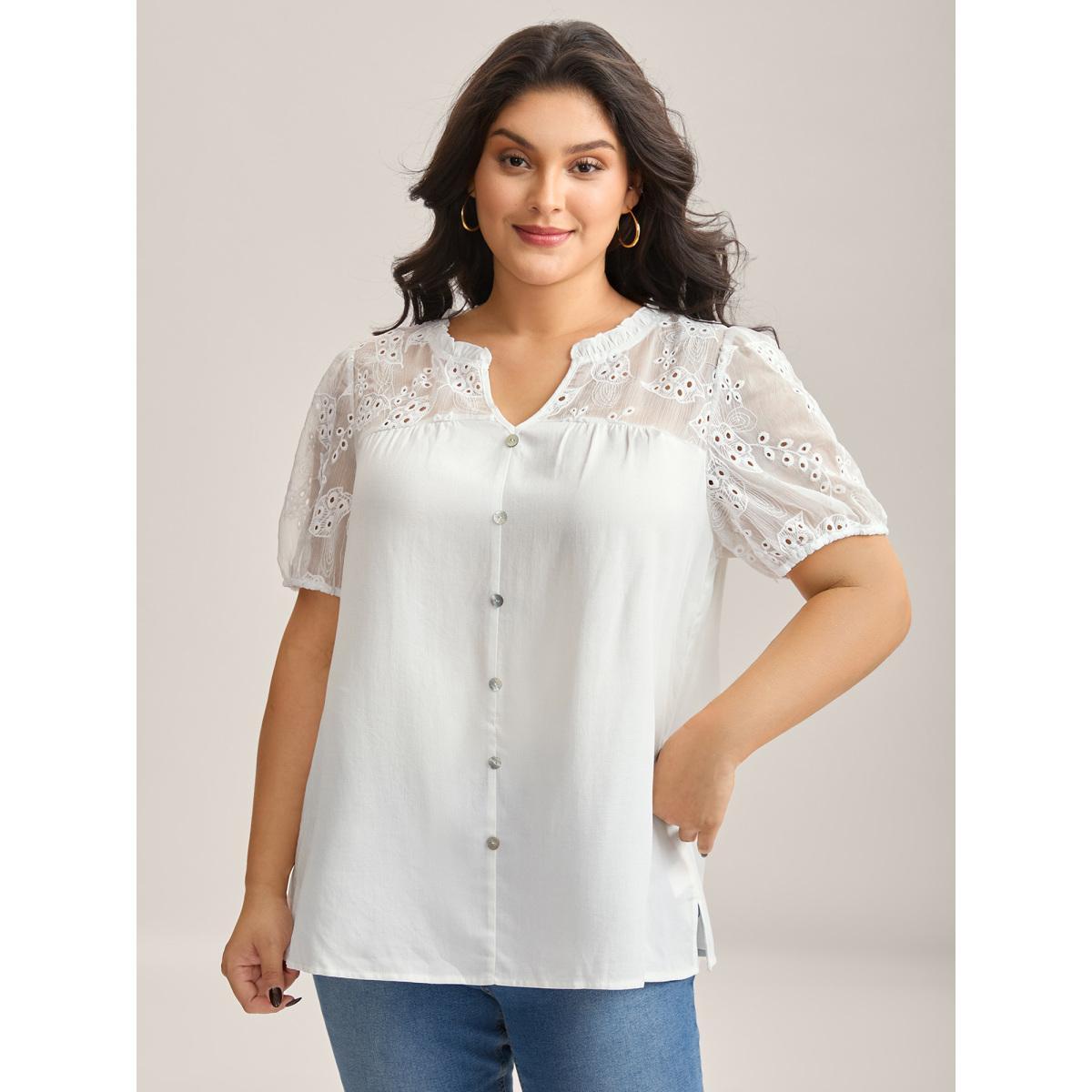 Plus Size Originalwhite Eyelet Trim Sheer Button Detail Blouse Women Short sleeve Notched collar Everyday-Elegant Blouses BloomChic 12/L Product Image