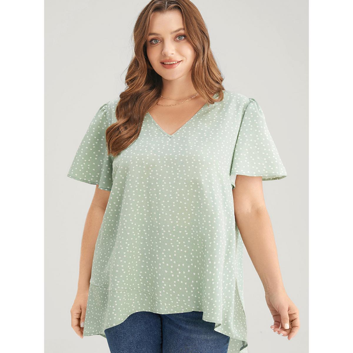 Plus Size Mint Heart Print Ruffle Sleeve Asymmetrical Hem Blouse Women Elegant Short sleeve V-neck Dailywear Blouses BloomChic 30/6X Product Image