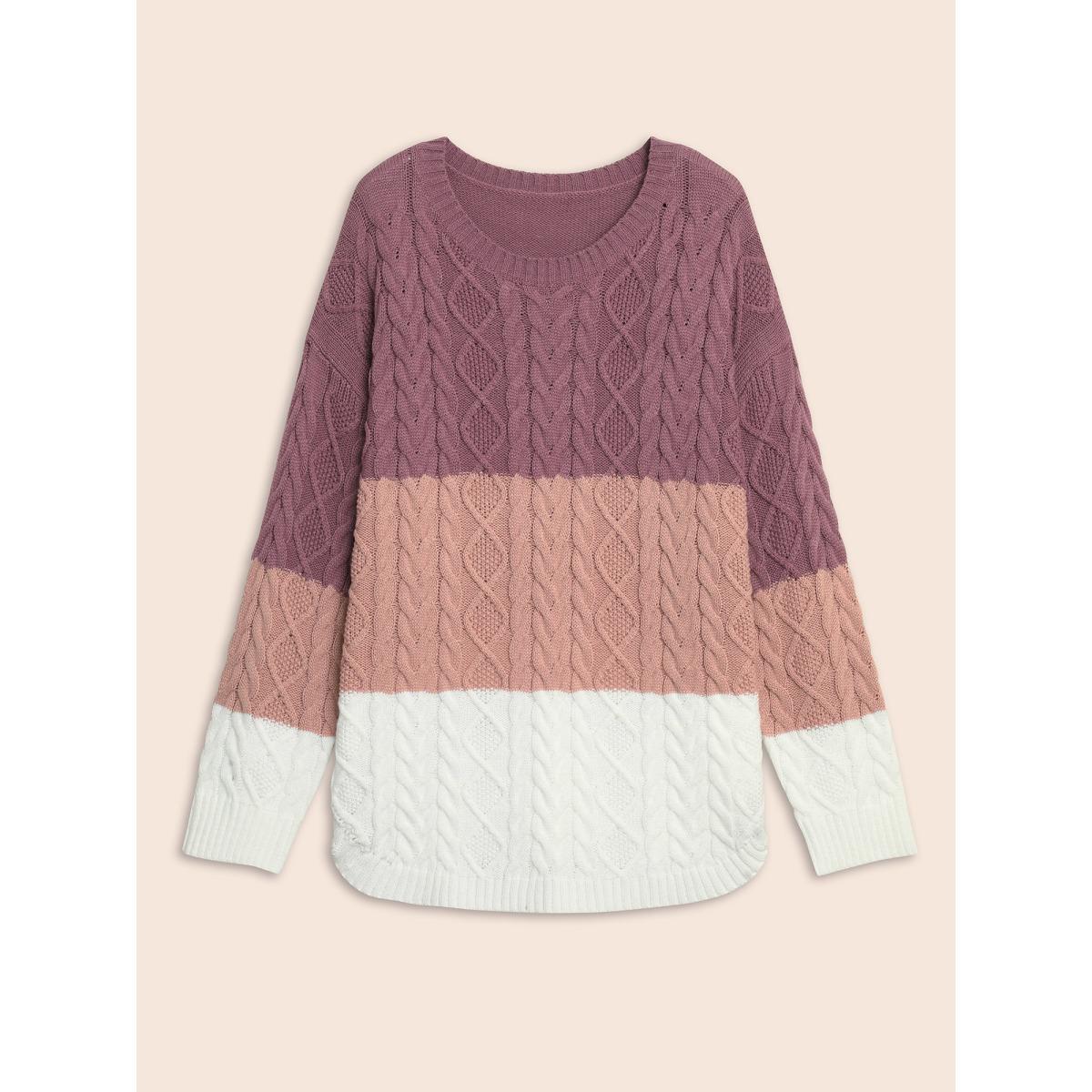 Plus Size Contrast Cable Knit Arc Hem Pullover Lilac Women Casual Loose Long Sleeve Round Neck Everyday Pullovers BloomChic 10/M Product Image