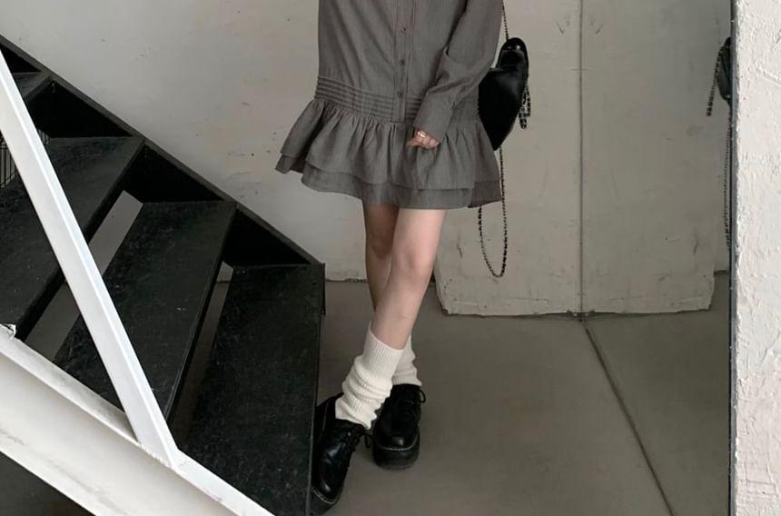 Long-Sleeve Striped Layered Ruffle Hem Half-Buttoned Mini Shirt Dress Product Image
