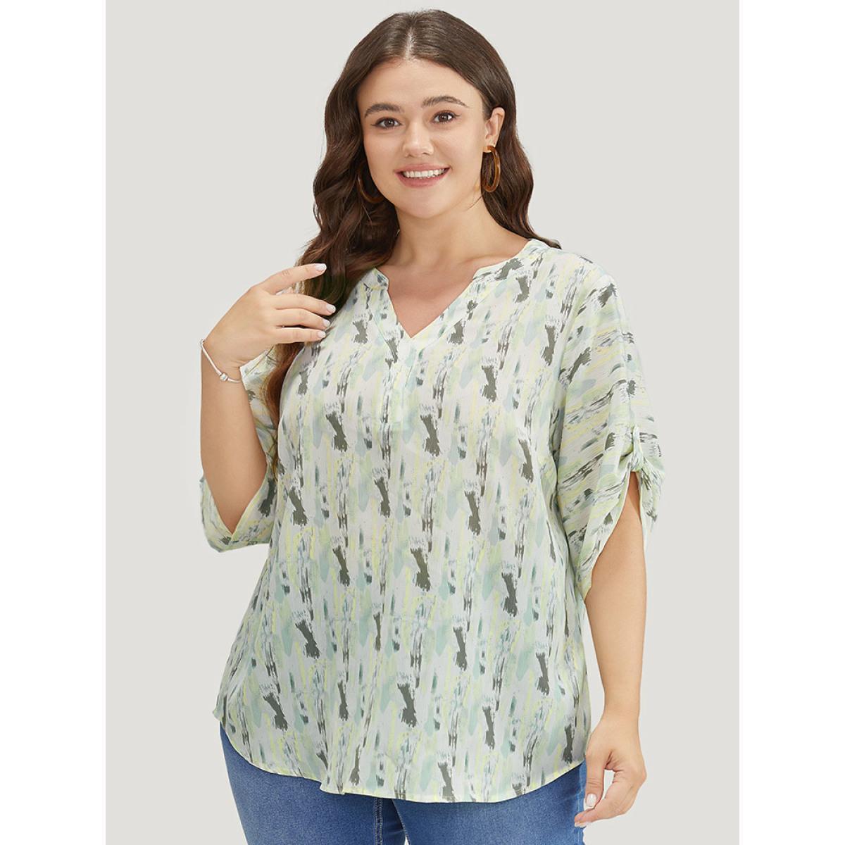 Plus Size LightGreen Brush Print Notched Neck Contrast Cuffed Sleeve Blouse Women Vacation Half Sleeve V-neck Dailywear Blouses BloomChic 22-24/3X Product Image