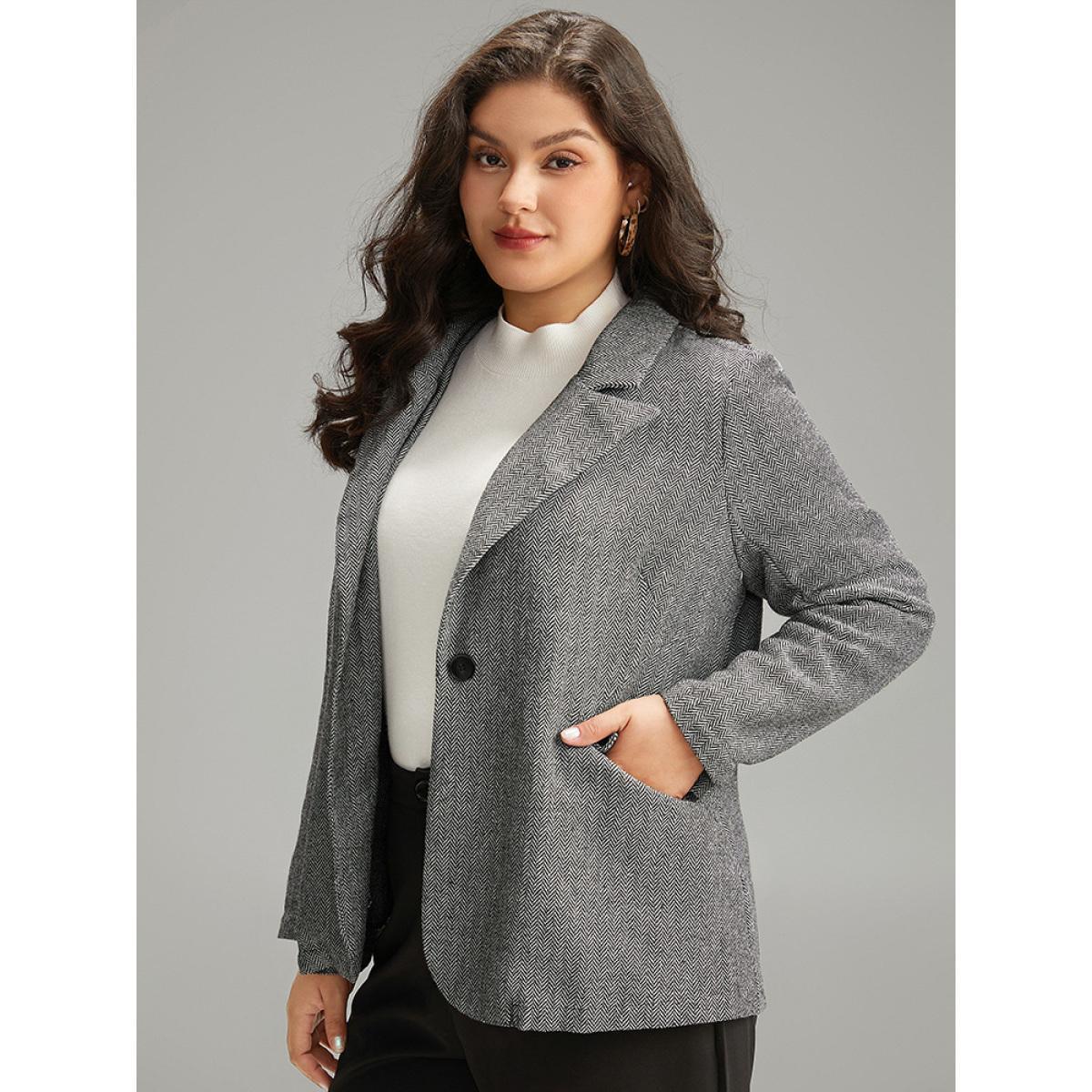 Plus Size Plain Textured Pocket Suit Collar Blazer Black Women Work Plain Texture Sleeve Long Sleeve Suit Collar 18-20/2X Pocket At the Office Blazers BloomChic Product Image