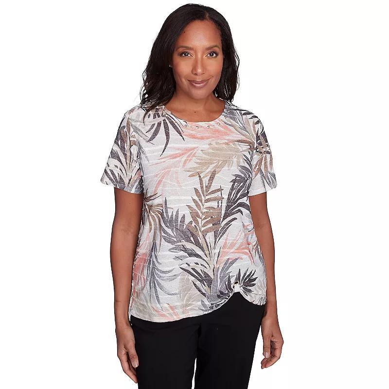 Petite Alfred Dunner Palm Tree Print Short Sleeve Top, Women's, Size: Large Petite, Neutral Product Image