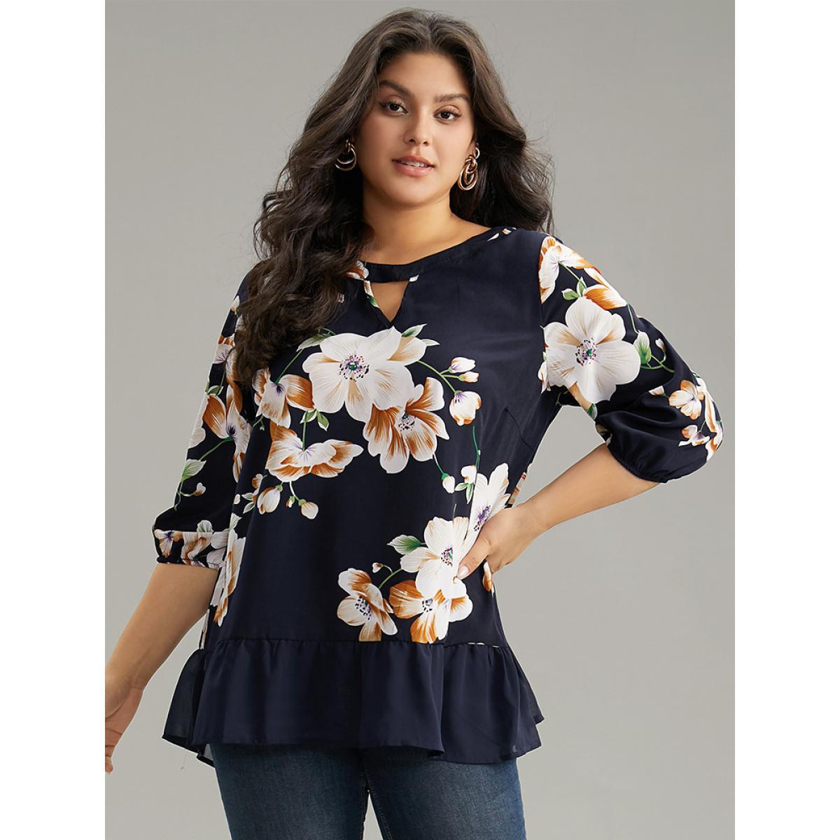 Plus Size Indigo Chiffon Floral Keyhole Patchwork Flutters Blouse Women Elegant Elbow-length sleeve Round Neck Dailywear Blouses BloomChic 12/L Product Image