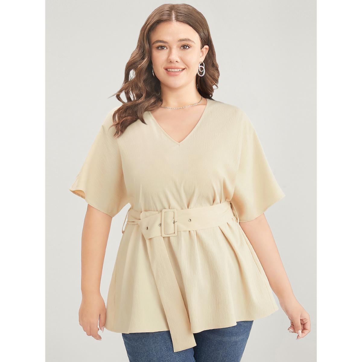 Plus Size Apricot Solid Dolman Sleeve Buckle Belted V Neck Blouse Women Office Short sleeve V-neck Dailywear Blouses BloomChic 12/L Product Image