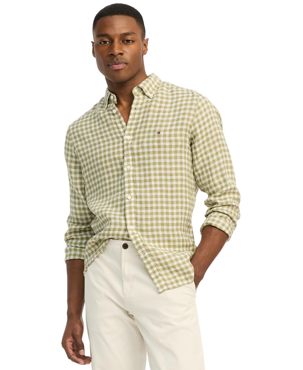 Tommy Hilfiger Mens Slim-Fit Gingham Check Button-Down Linen Shirt - Teaberry Blossom Product Image