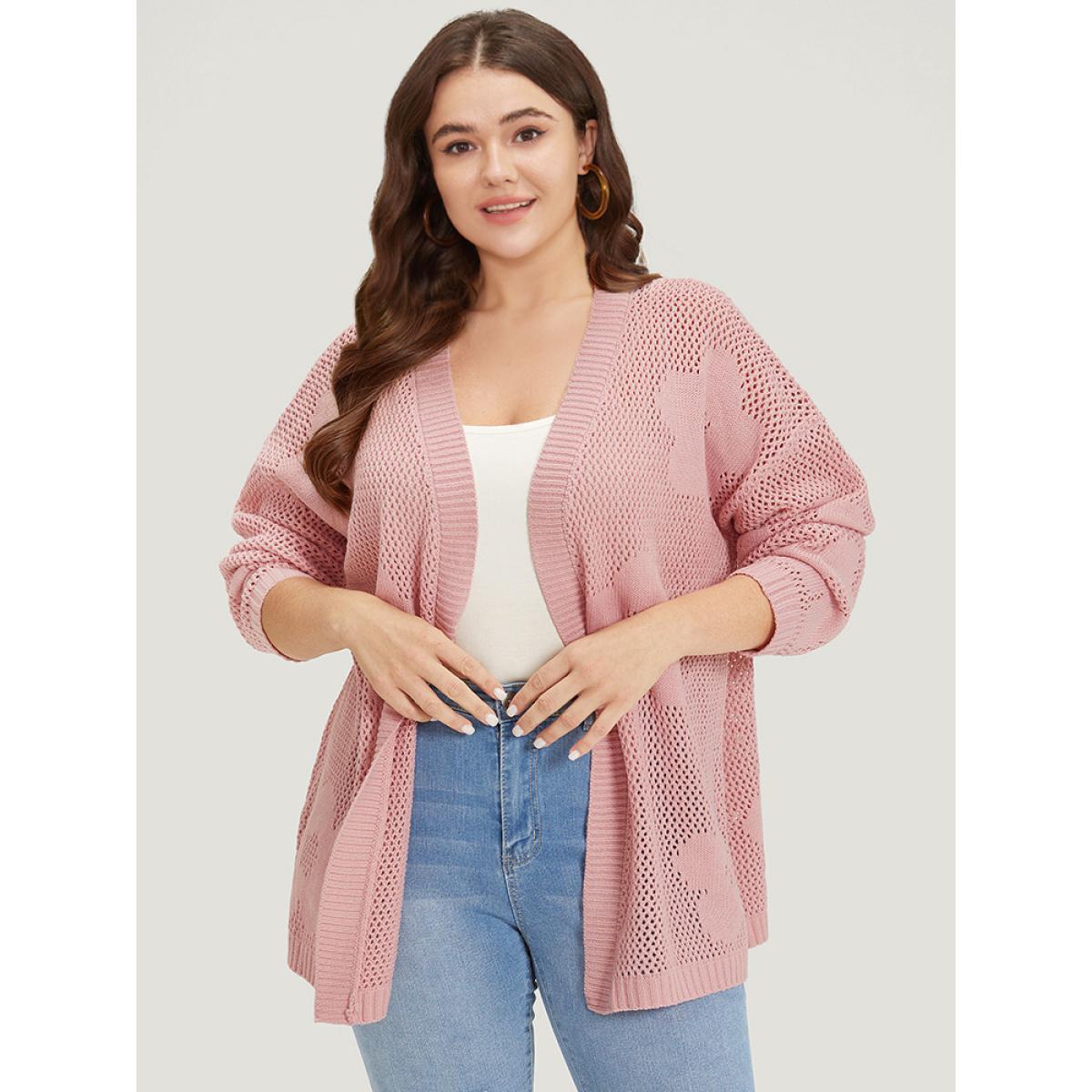 Plus Size Floral Graphic Eyelet Open Front Cardigan Pink Women Casual Loose Long Sleeve Dailywear Cardigans BloomChic 26/4X Product Image