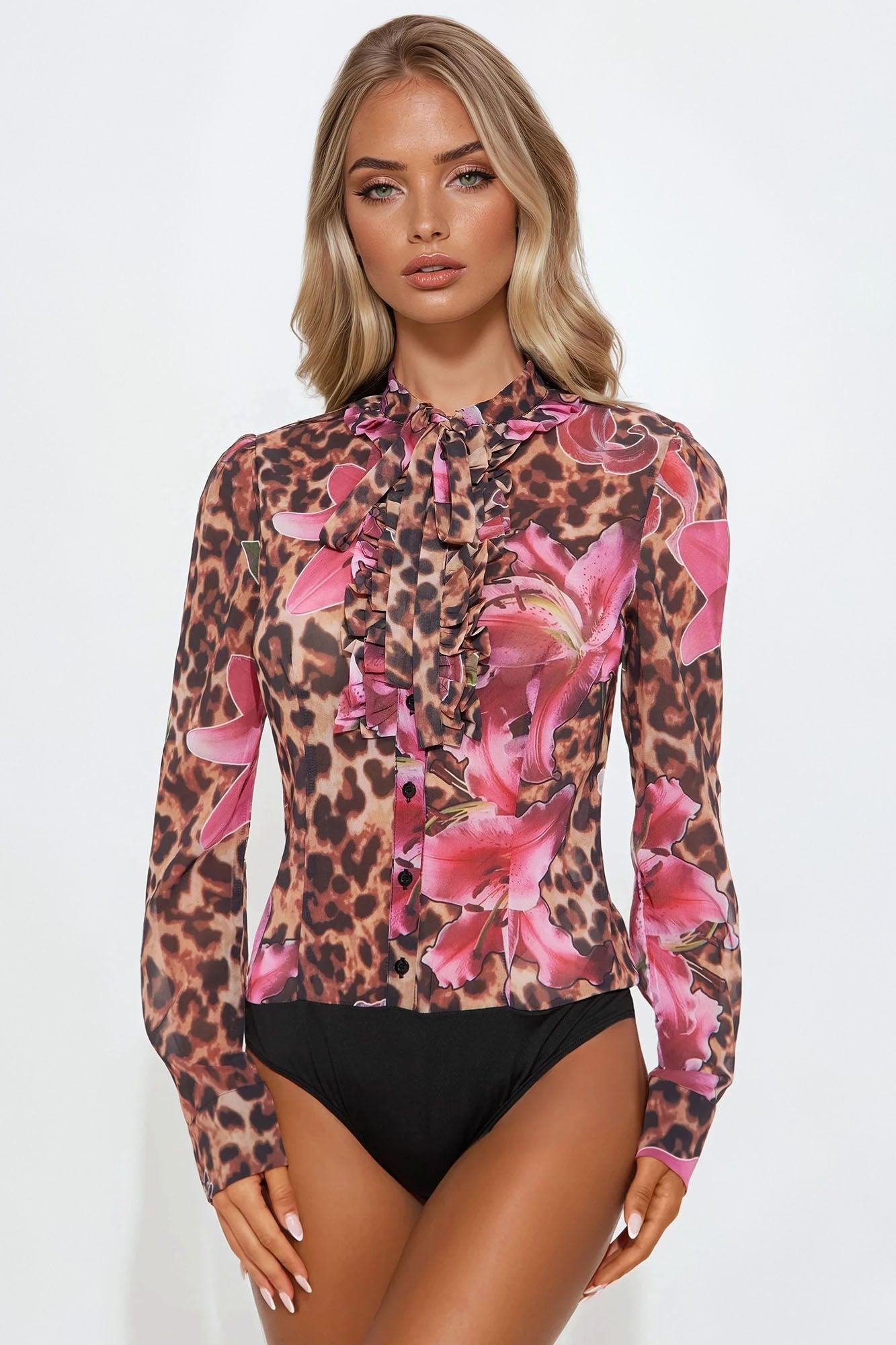 Mishelle Chiffon Floral Leopard Bodysuit - Brown/combo Product Image