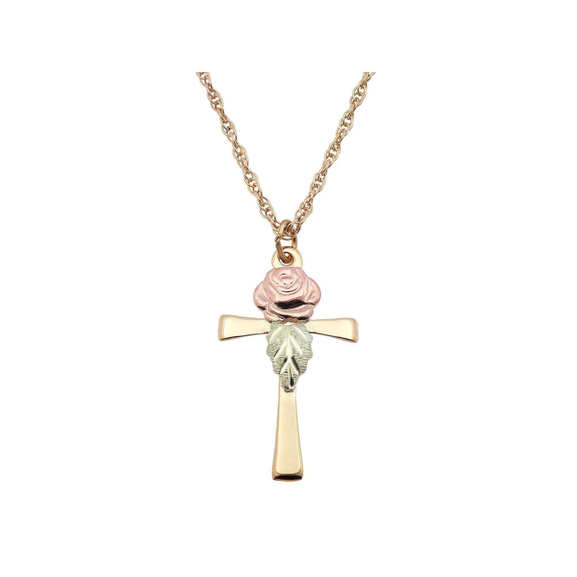 Black Hills Gold Tri Tone Rose Cross Pendant Necklace, Women's, Size: 18", 10k Gold Product Image