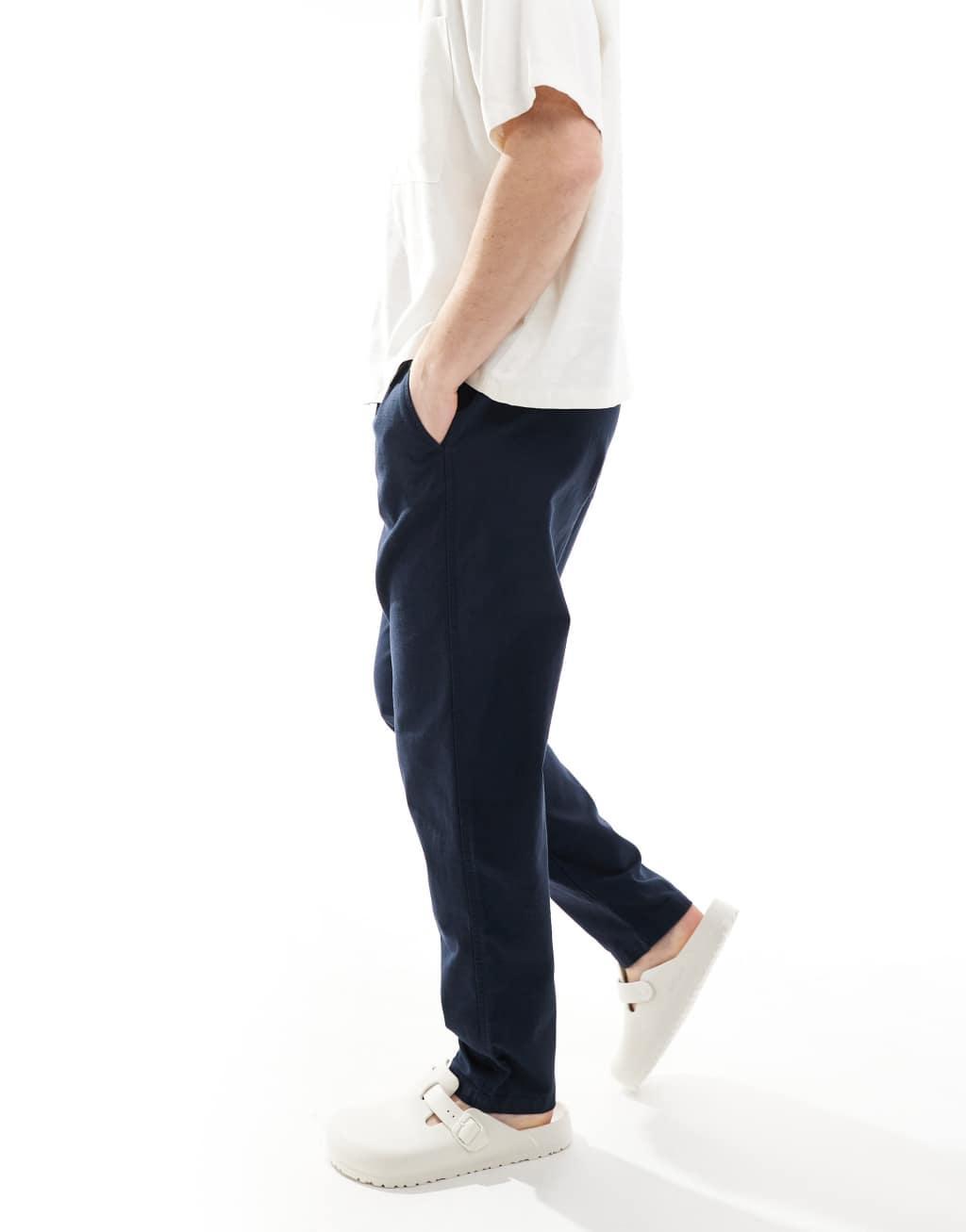 River Island linen look pull on pants in navy Product Image