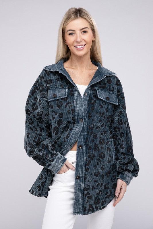 Vintage Washed Leopard Corduroy Buttoned Jacket Product Image