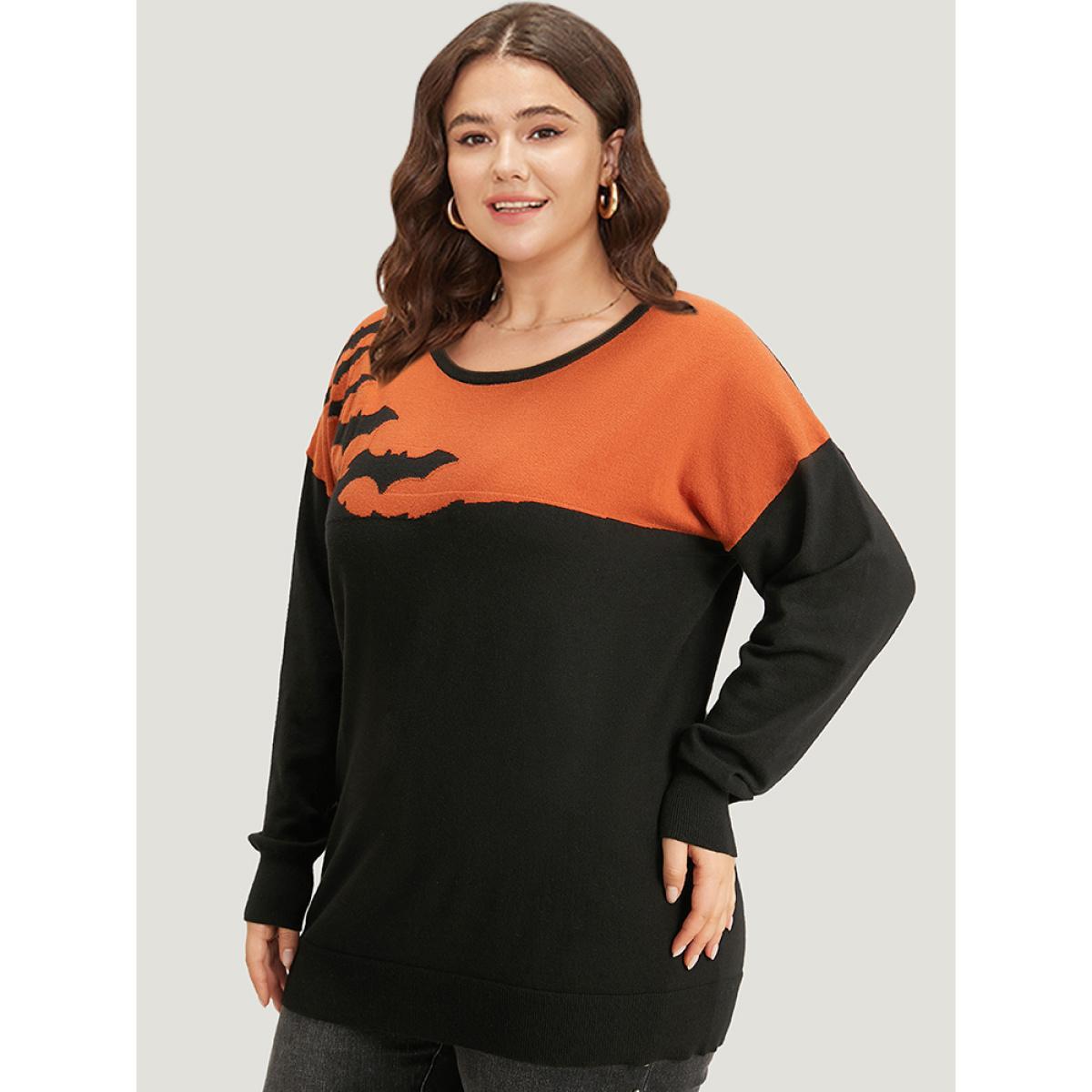 Plus Size Halloween Supersoft Essentials Two Tone Bat Print Pullover Black Women Casual Long Sleeve Round Neck Festival-Halloween Pullovers BloomChic 22-24/3X Product Image