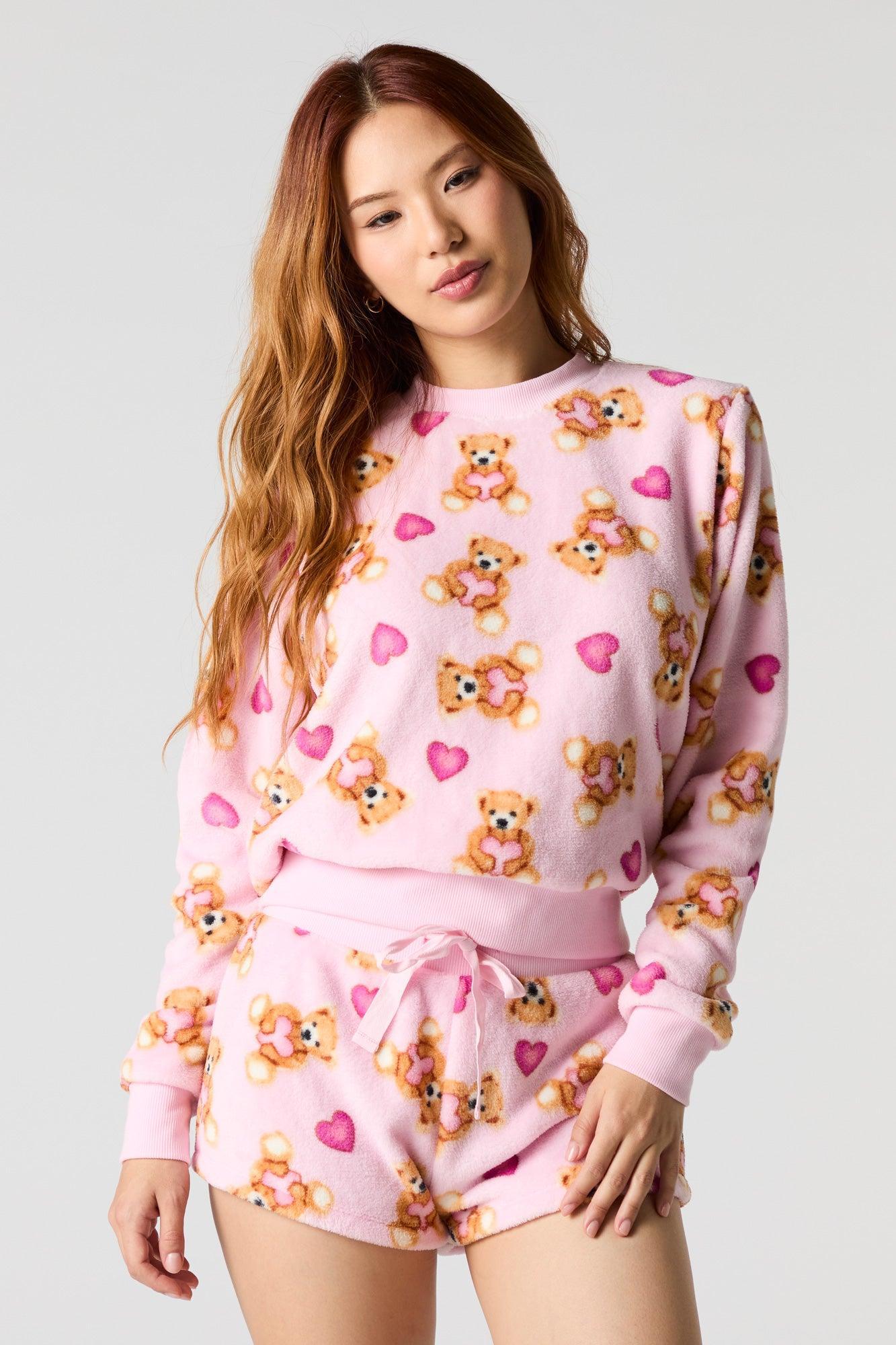 Printed Plush Long Sleeve & Short 2 Piece Pajama Set Female Product Image