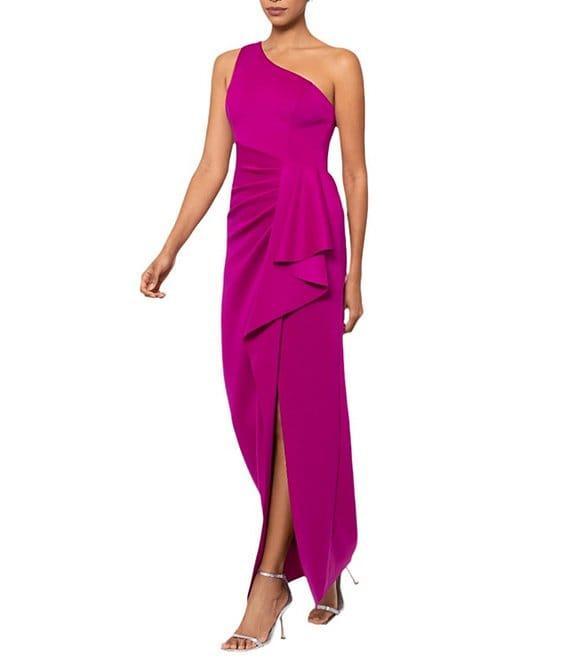 Xscape Scuba One Shoulder Sleeveless Side Pleated Ruffle Sheath Gown Product Image