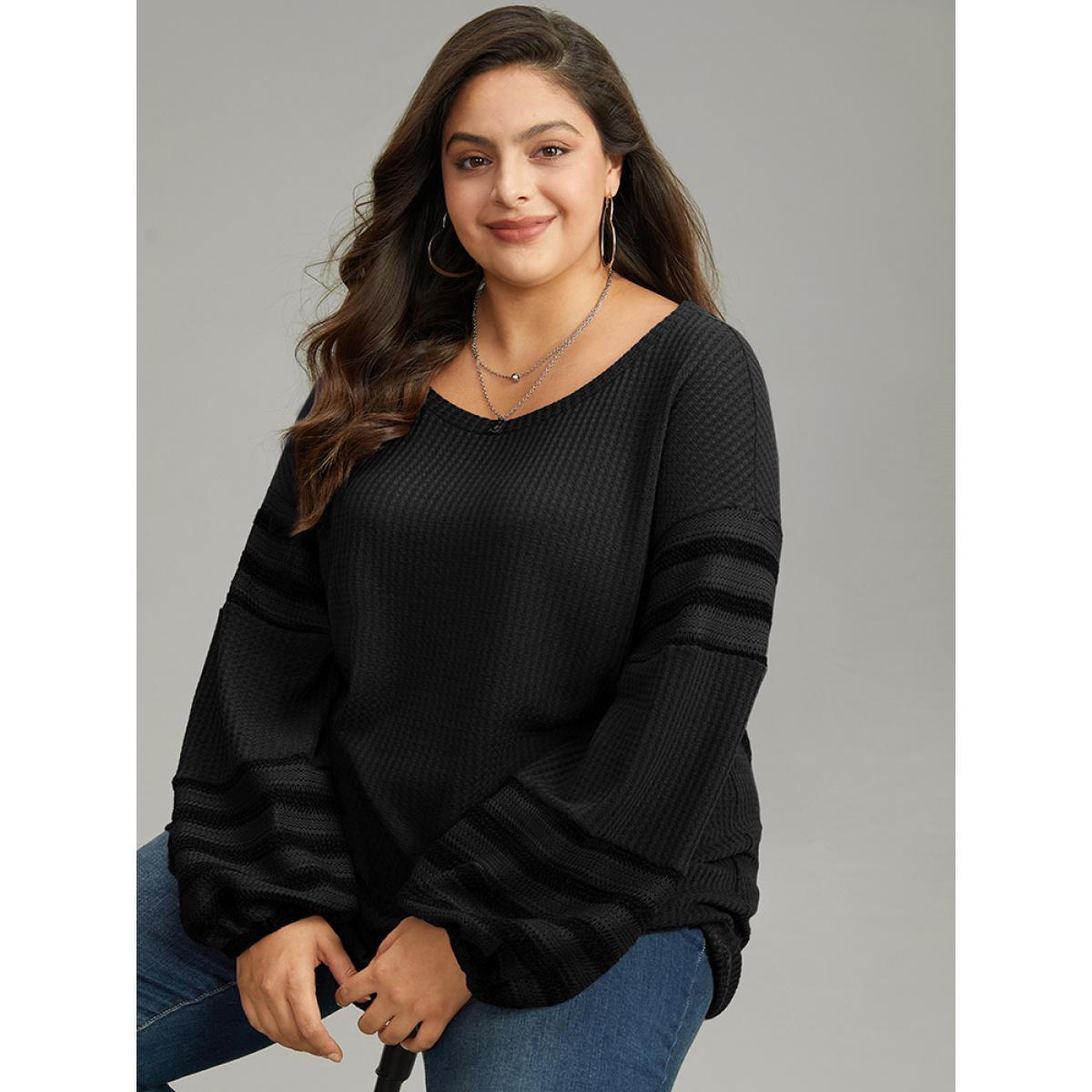 Plus Size Plain Texture Patchwork Hollow Out T-shirt Black Women Casual Elastic cuffs Plain Round Neck Dailywear T-shirts BloomChic 14-16/1X Product Image