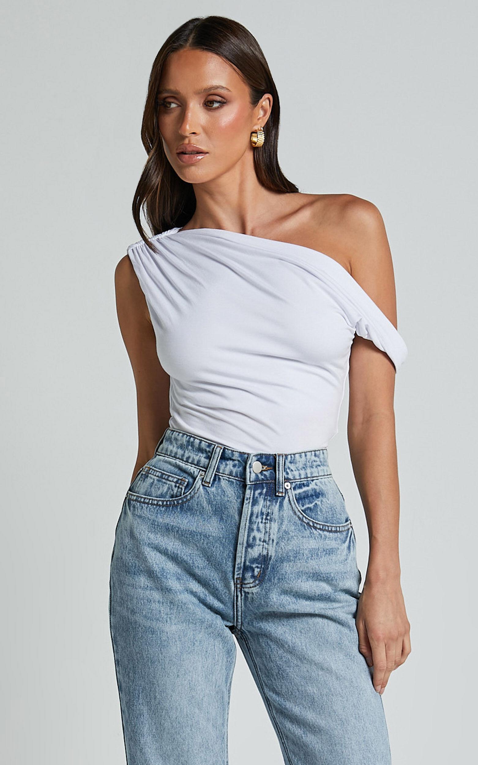 Jialeen Top - Off Shoulder Twist Asymmetrical Sleeve Top in White Product Image