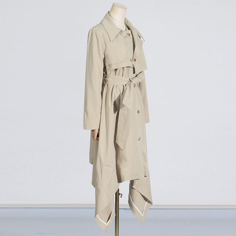 Collared Plain Panel High-Low Button Trench Coat Product Image