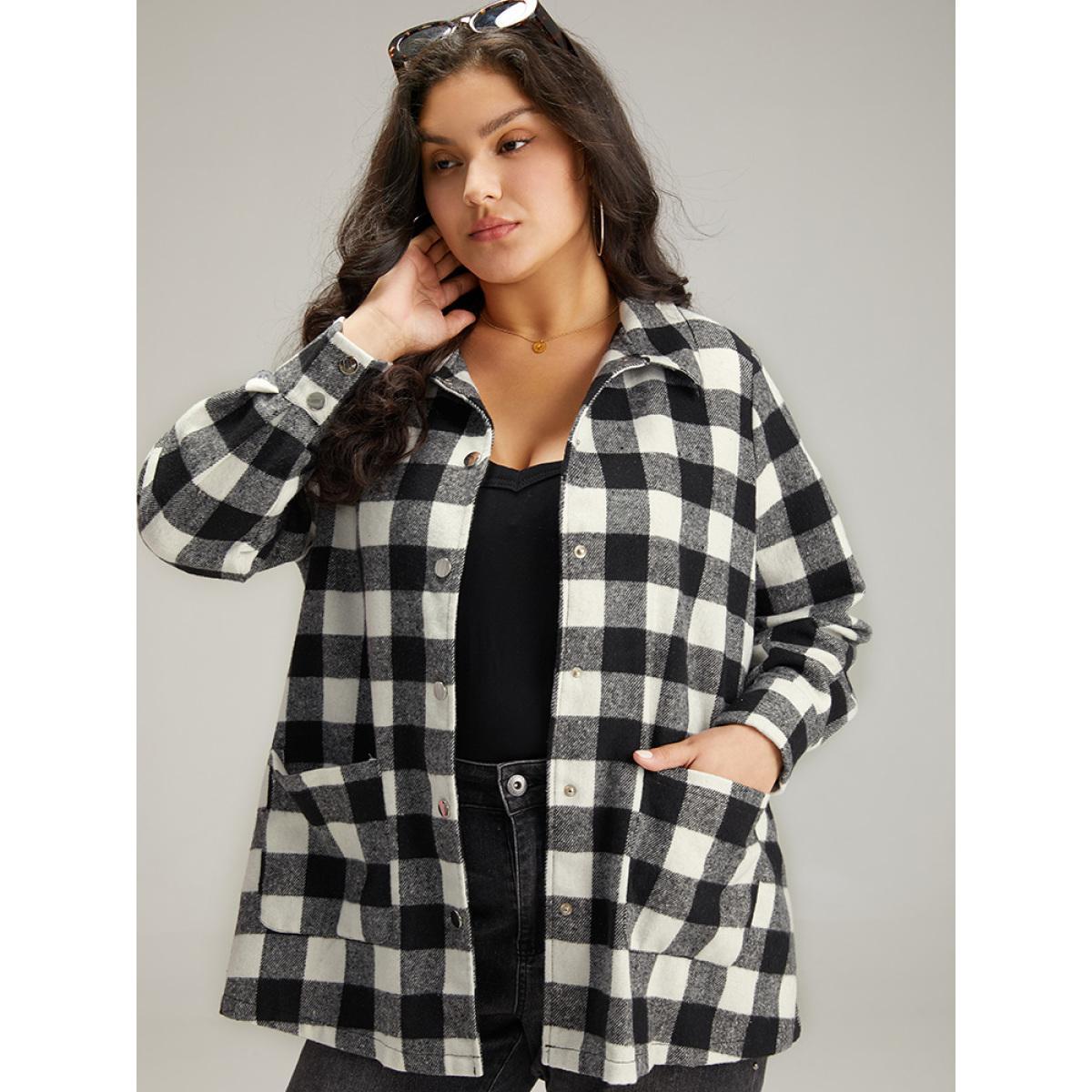 Plus Size Halloween Plaid Pocket Button Through Coat Women Black Casual Contrast Ladies Dailywear Winter Coats BloomChic 12/L Product Image