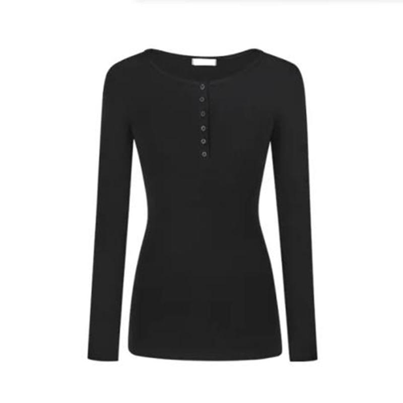 Long Sleeve Henley Plain T-Shirt Product Image