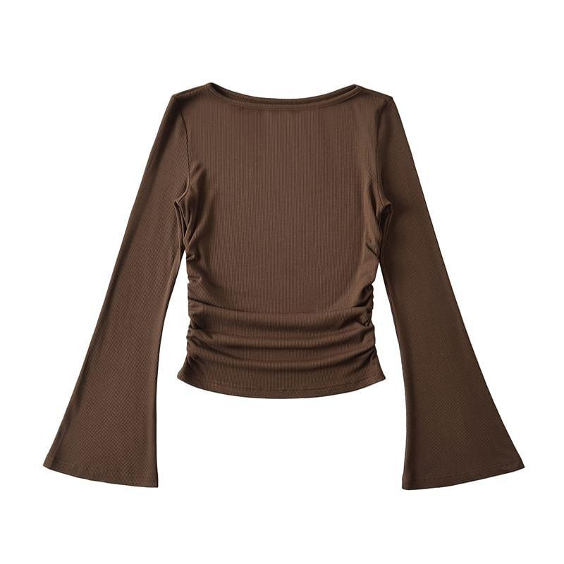 Flared-Sleeve Round Neck Plain Ruched Tee Product Image