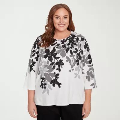 Alfred Dunner Classics Womens Crew Neck 3/4 Sleeve Plus T-Shirt Product Image