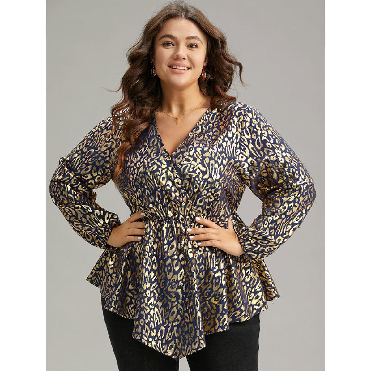 Plus Size Indigo Glitter Leopard Wrap Elastic Waist Lantern Sleeve Blouse Women Cocktail Long Sleeve Overlap Collar Party Blouses BloomChic 22-24/3X Product Image
