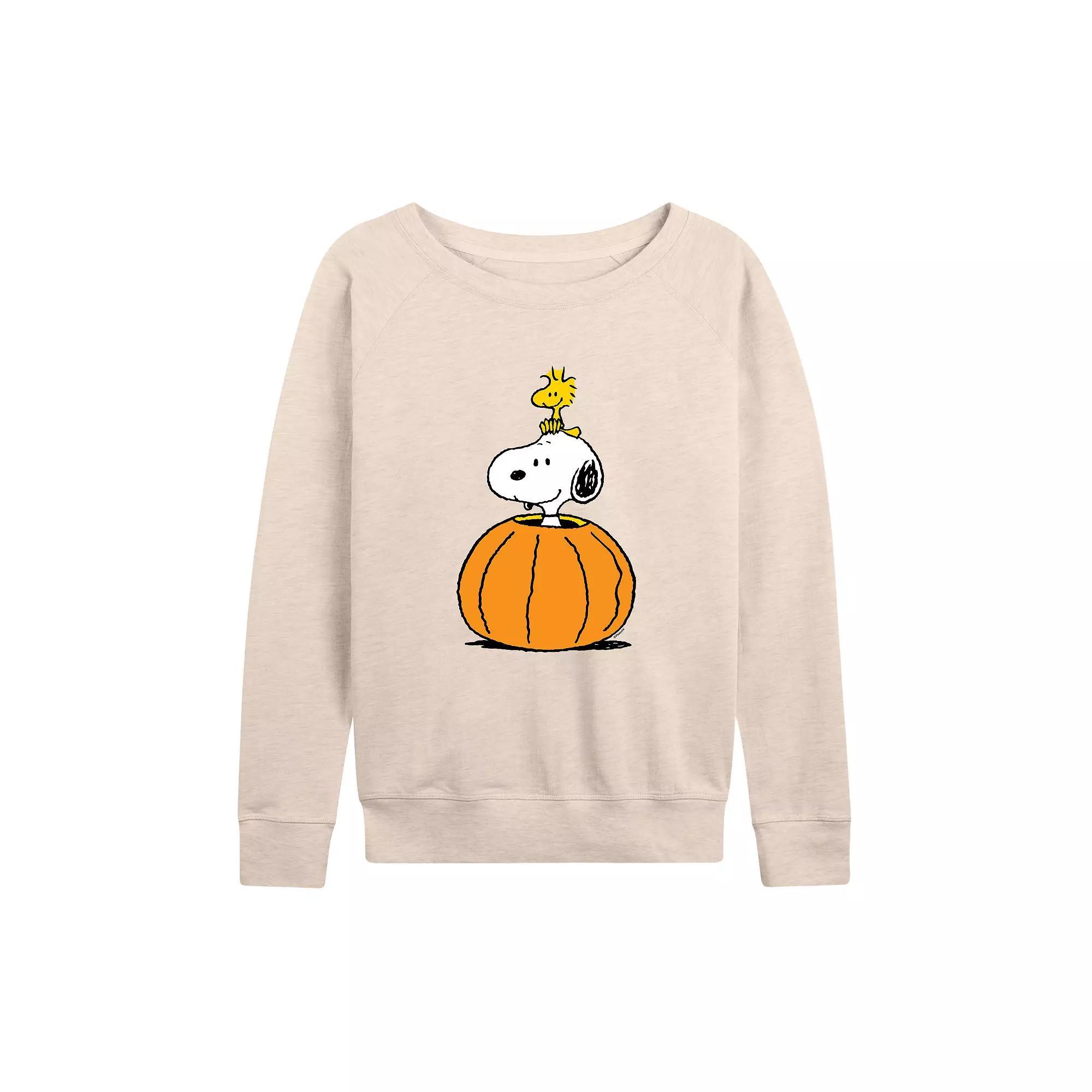 Women's Peanuts Snoopy & Woodstock Pumpkin French Terry Long Sleeve Tee, Size: XXL, Beige Product Image