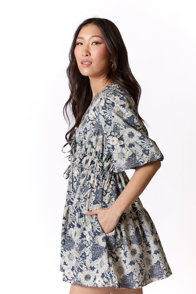Build My Empire Navy Tie Front Floral Mini Dress SALE Product Image