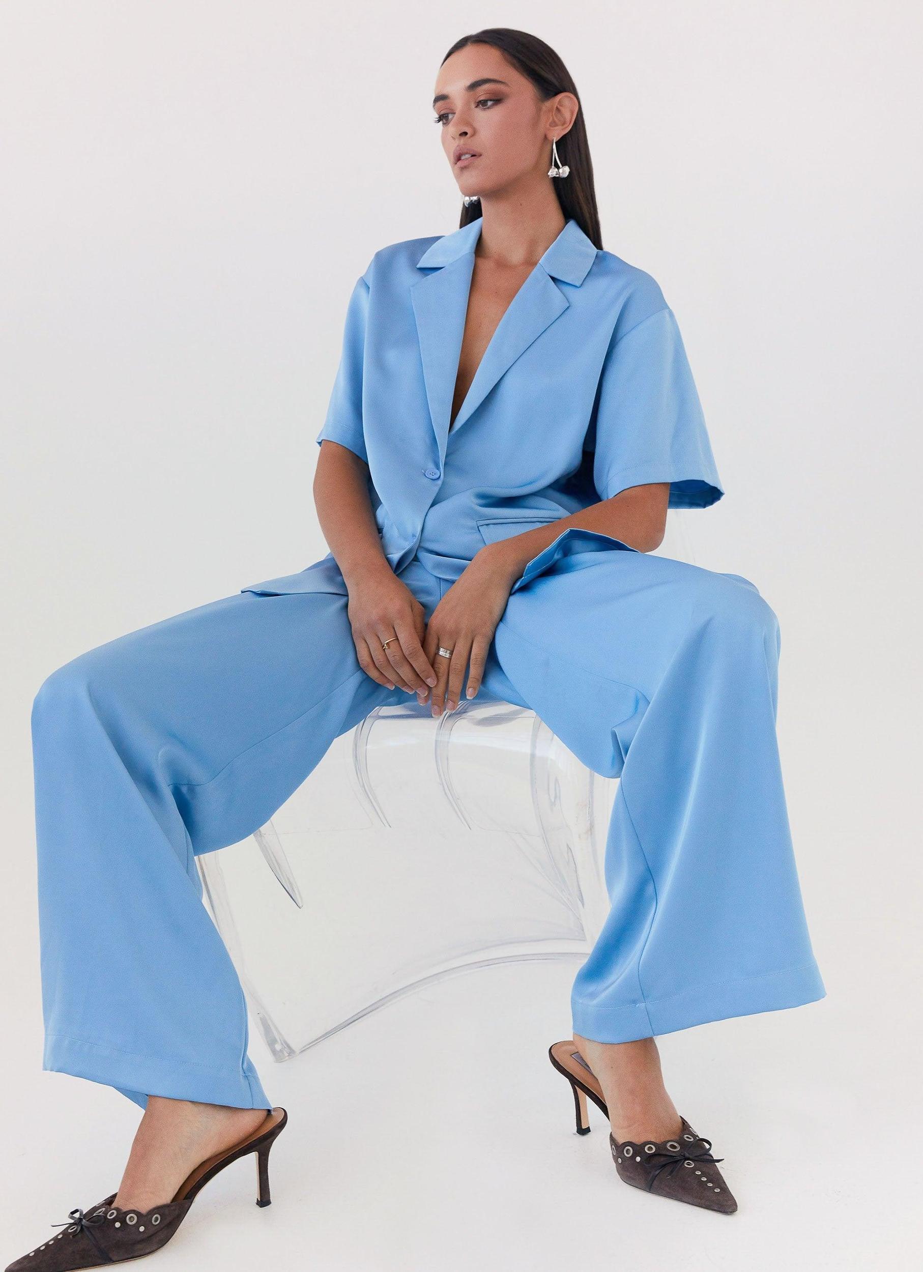 Brinkley Oversized Satin Shirt - Sky Blue Product Image
