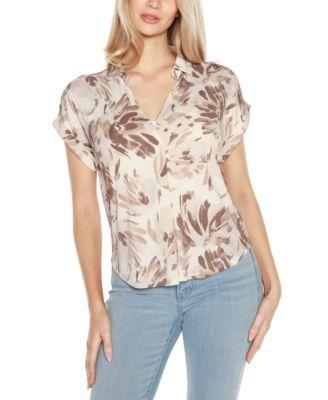 Belldini Womens Johnny Collar Brushed Floral Printed Top Product Image