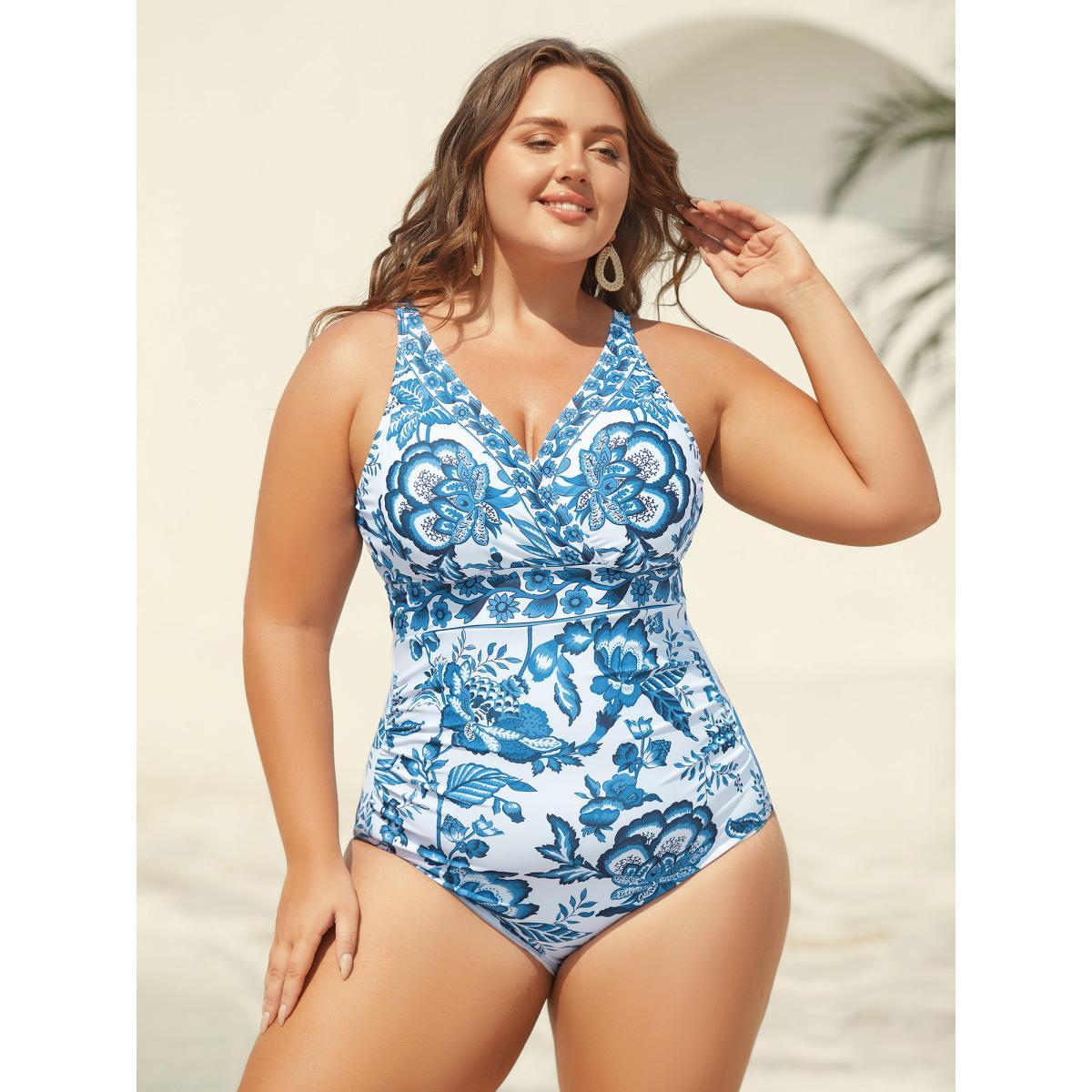 Plus Size Two-Piece Floral Print Ruched Mesh Swimsuit, Sarong Women's Swimwear Rosered Beach Gathered Curve Bathing Suits High stretch One Pieces BloomChic 14-16/1X Product Image