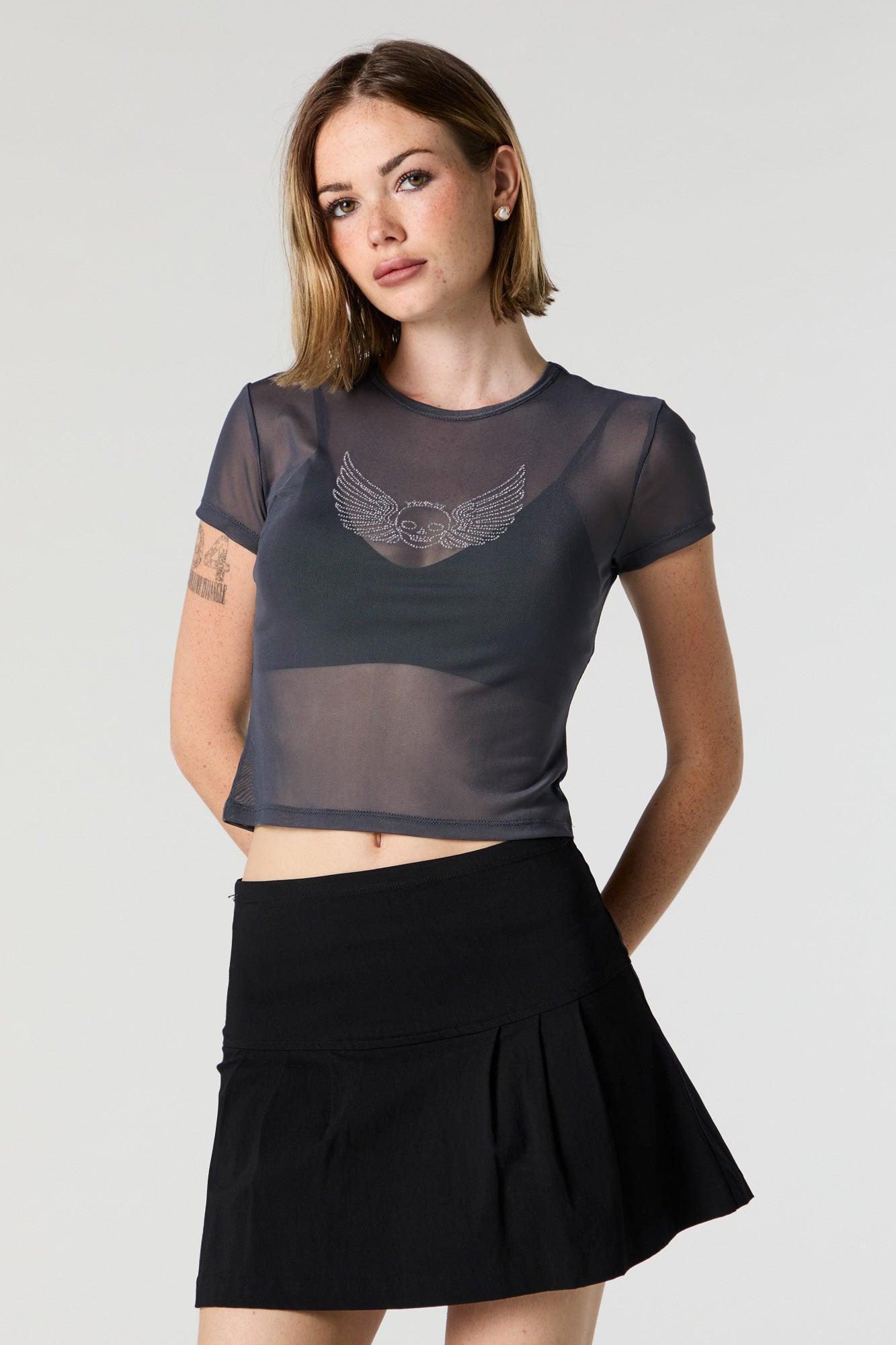Mesh Rhinestone Graphic Cropped T-Shirt Female Product Image