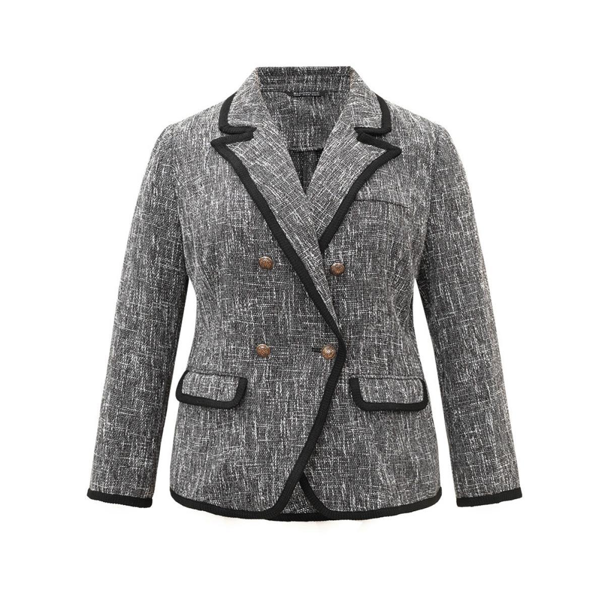 Plus Size Tweed Suit Collar Contrast Trim Blazer DimGray Women Dailywear Plain Contrast Sleeve Long Sleeve Suit Collar 18-20/2X Pocket Casual Blazers BloomChic Product Image