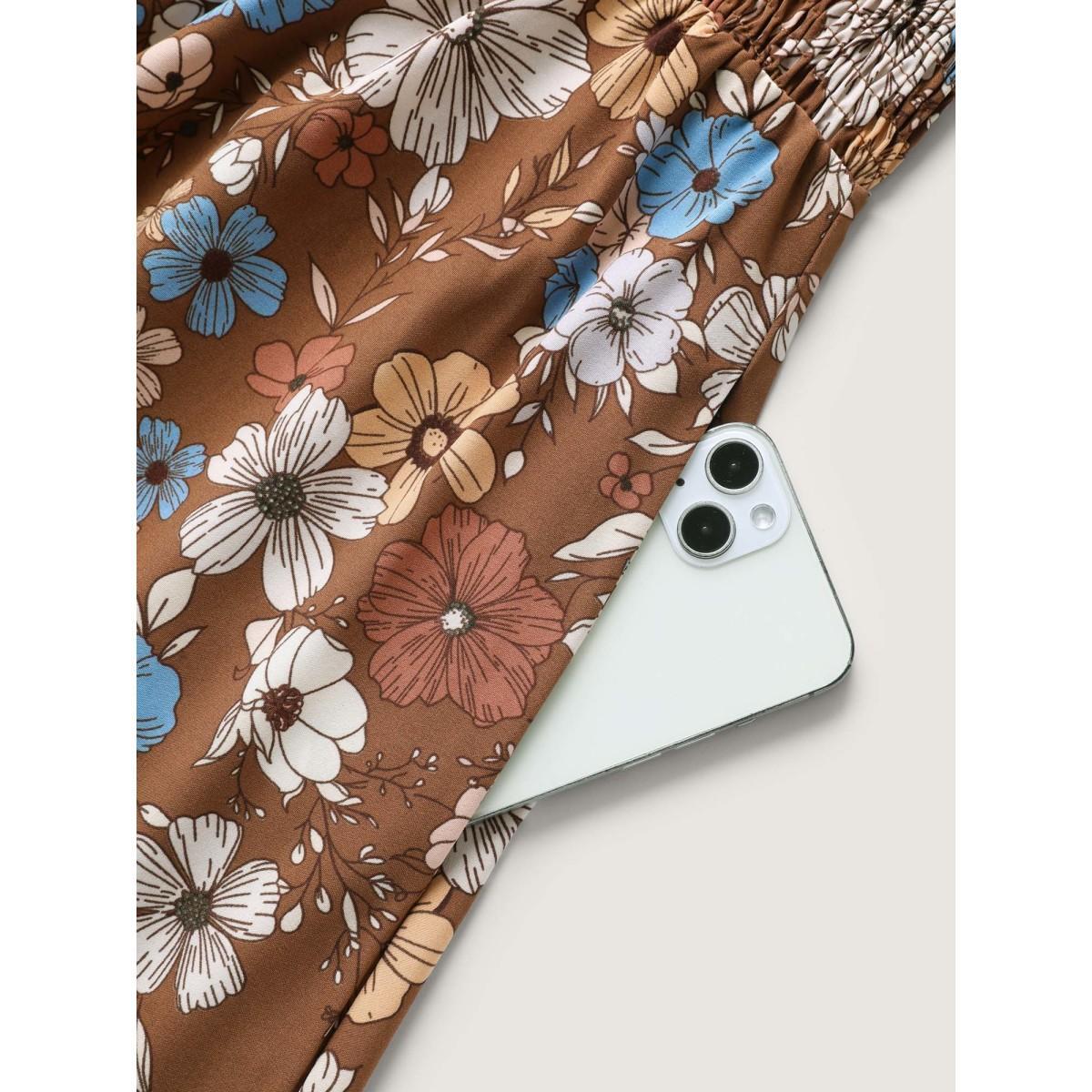 Plus Size Fall Florals Shirred Bodice Midi Dress Yellowishbrown Women V-neck Short sleeve Curvy BloomChic 28/5X Product Image