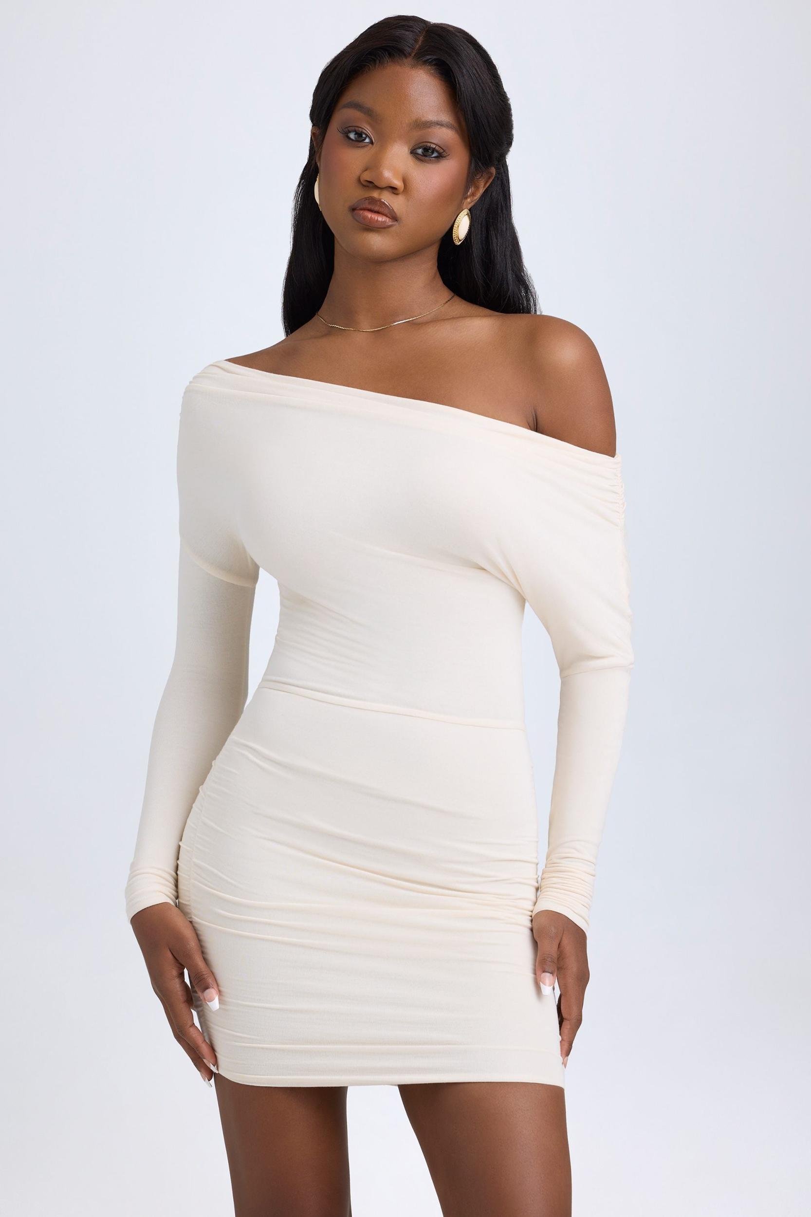 Modal Off-Shoulder Ruched Mini Dress in Ivory Product Image
