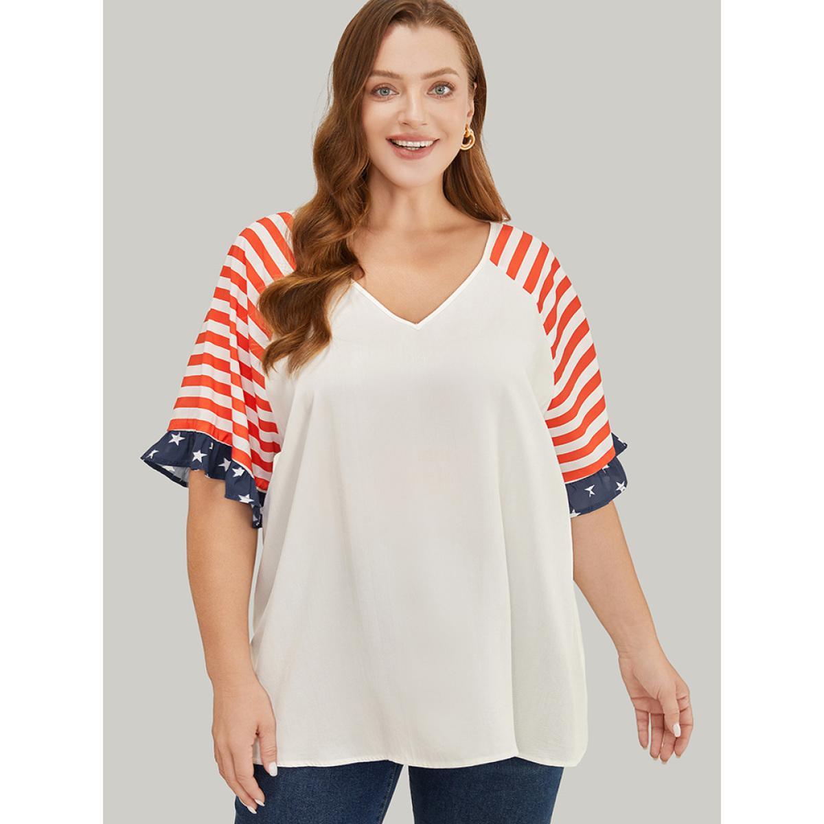 Plus Size White Star & Striped Print Raglan Sleeve Ruffle Trim Blouse Women Elegant Half Sleeve V-neck Dailywear Blouses BloomChic 10/M Product Image