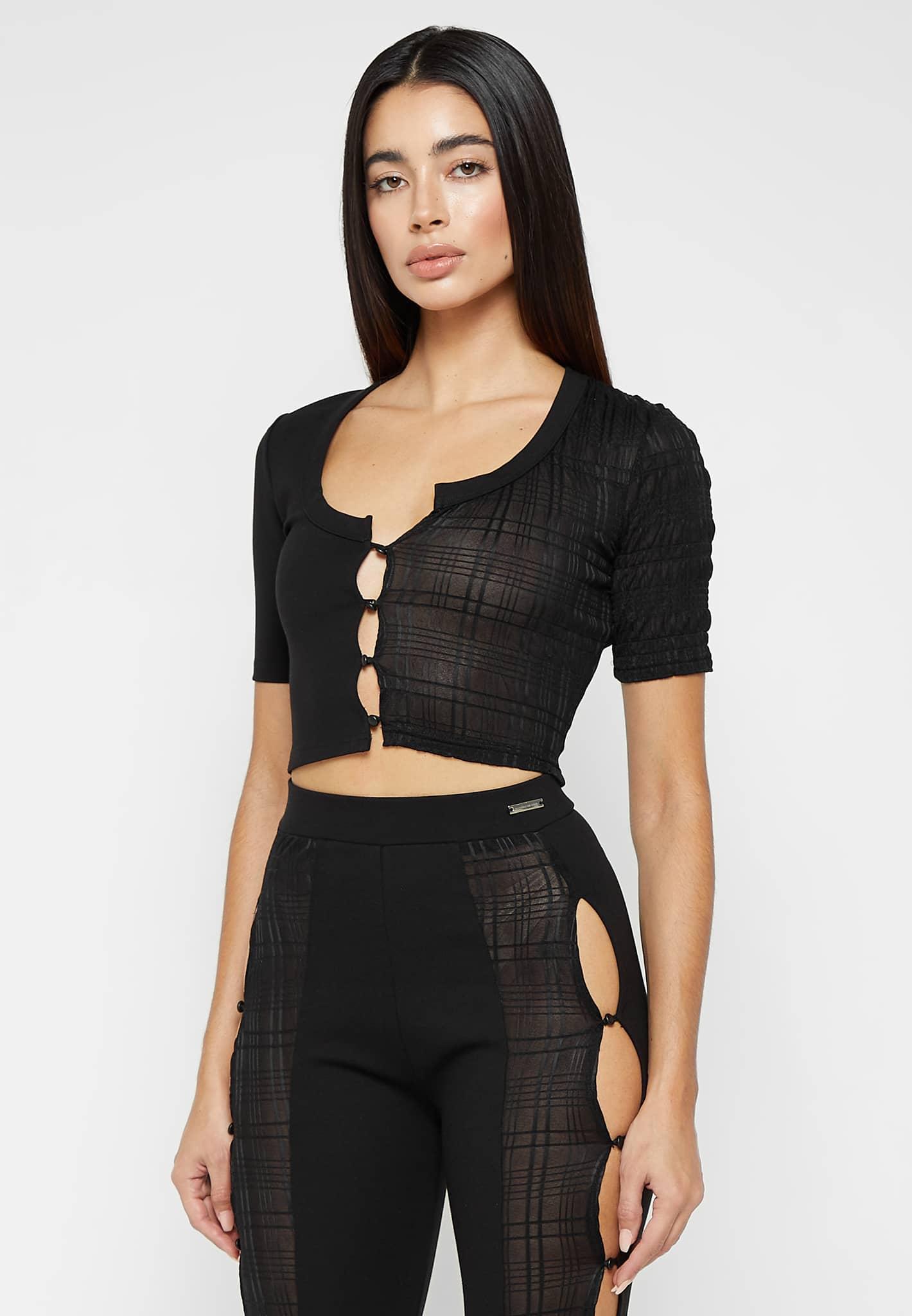 Bandage & Mesh Asymmetric Crop Top - Black Female Product Image