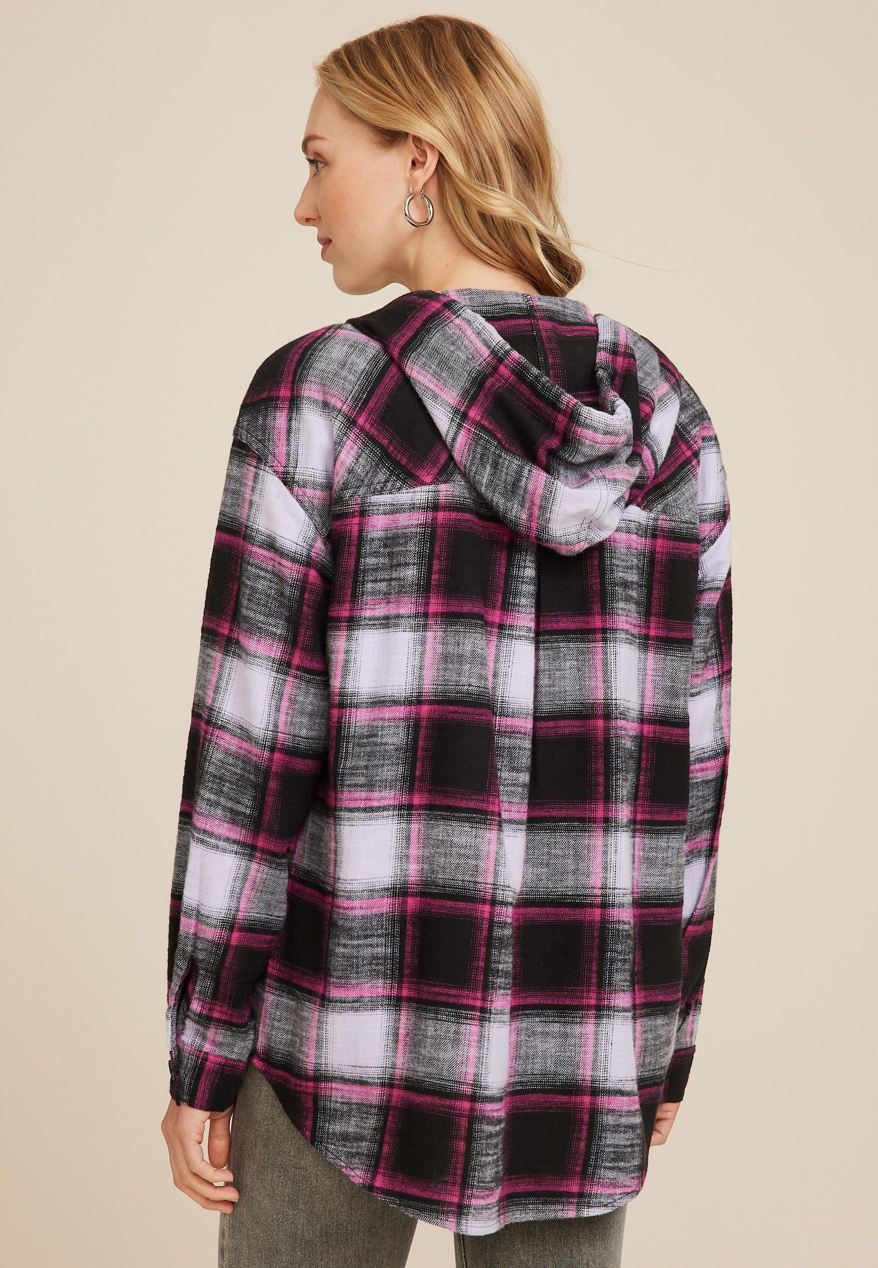 Maurices Womens Cabin Plaid Boyfriend Hooded Button Down Shirt Brown Size X Small Product Image