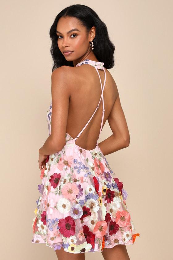 Blooming Bliss Pink 3D Floral Embroidered Halter Mini Dress Product Image