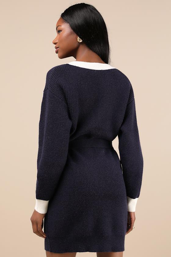 Cuddly Forecast Navy Long Sleeve Belted Sweater Mini Dress Product Image