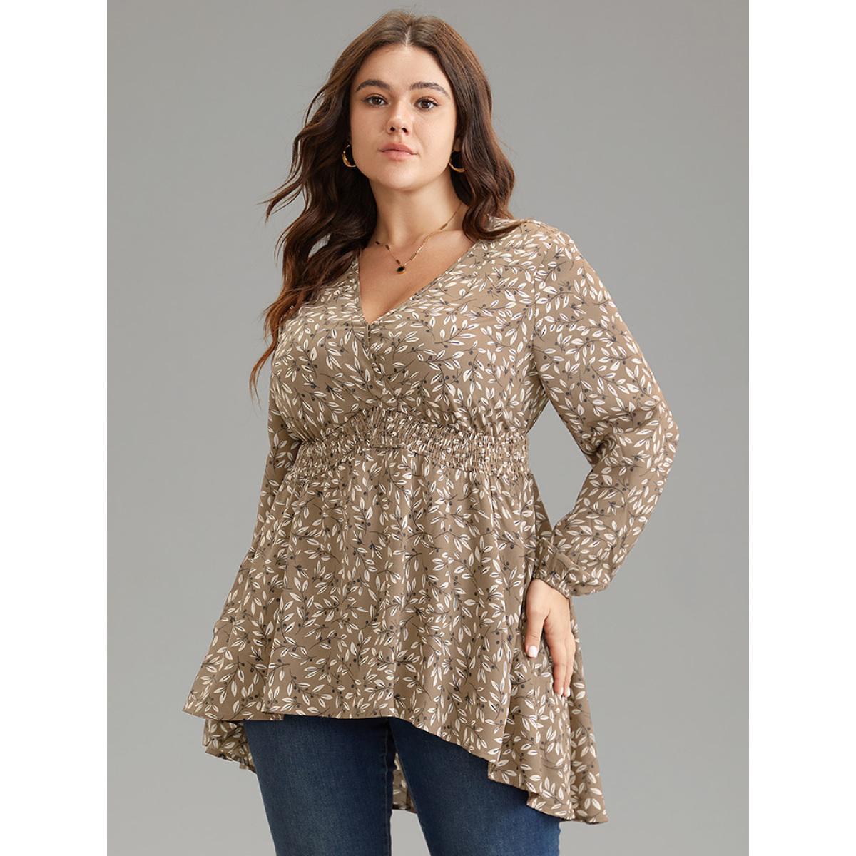 Plus Size Apricot Ditsy Floral Shirred Elastic Waist High Low Hem Blouse Women Elegant Long Sleeve V-neck Everyday Blouses BloomChic 26/4X Product Image