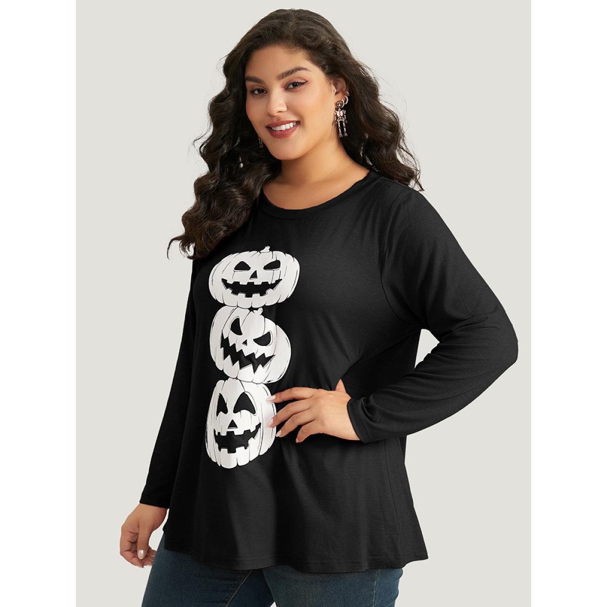 Plus Size Halloween Three Pumpkin Print Crew Neck T-shirt Black Women Casual Printed Halloween Festival-Halloween T-shirts BloomChic 22-24/3X Product Image